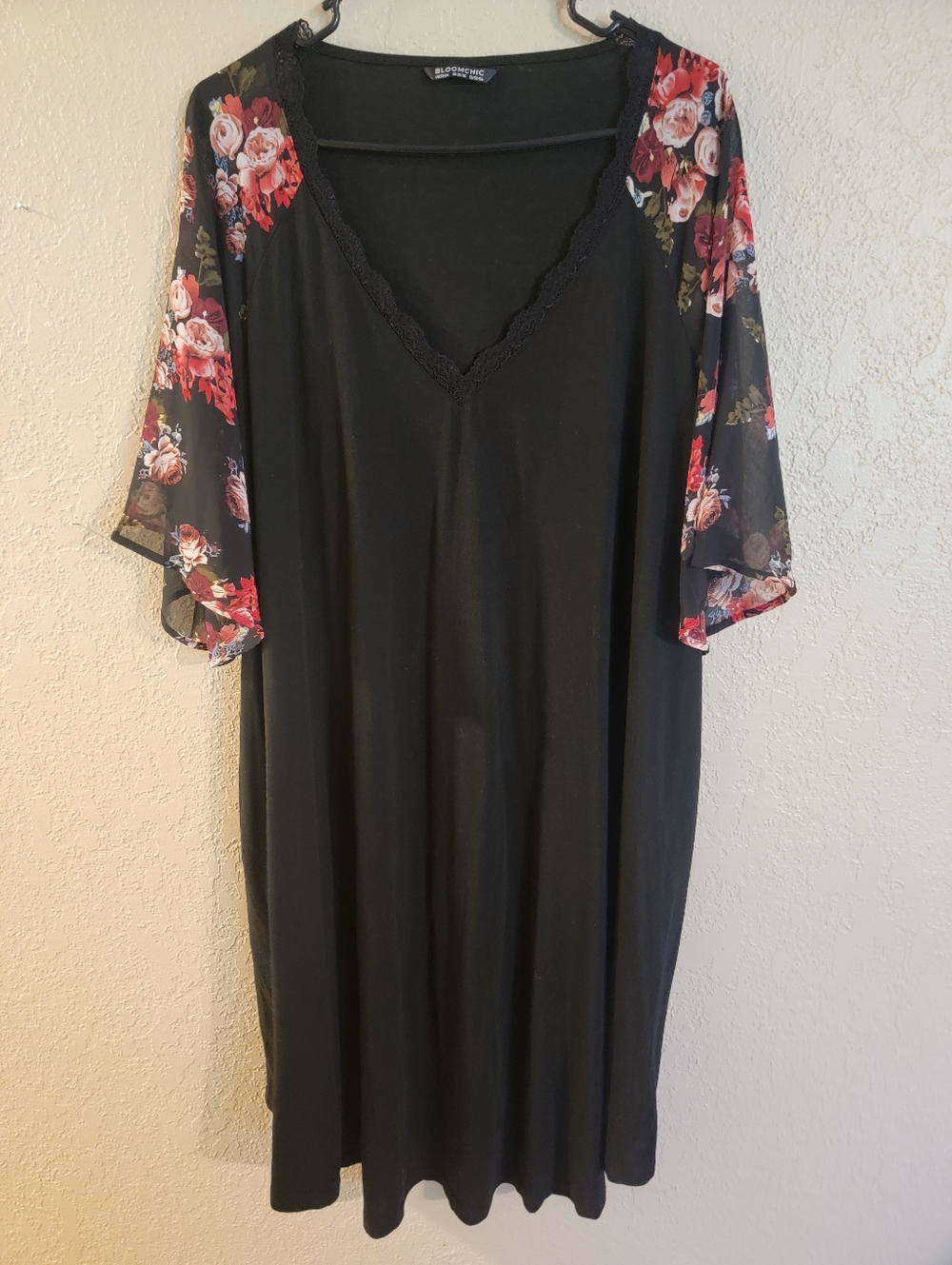 Black V-Neck Dress with Floral Chiffon Sleeves